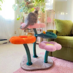 Bloomy Flower Cat Tree -A Great Coffee Shop bloomy flower cat tree pink flower platform cat looking up 1