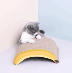 Banana Shaped Cat Scratching Pad -A Great Coffee Shop cat scratching back of banana shaped scratcher